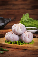 Traditional Mongolian Meat Dumplings Buuz on Wooden Board Inner Mongolia Cuisine Specialties