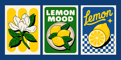Lemon Mood Poster, Fresh Citrus Fruit, Lemon Slice and Blossom Illustration