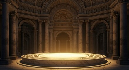Obraz premium An illuminated marble circular platform stands within an ornate columned hall featuring arches intricate ceiling patterns and classical architectural elements under soft light