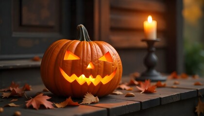 Spooky glowing jack-o'-lantern with flickering candle casts eerie shadows on autumn porch during Halloween night