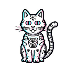 Pixel art cat with glitch effect, a cute and retro digital pet isolated on white background