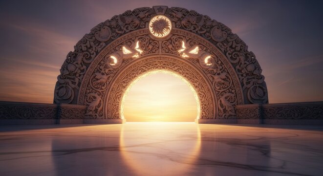 An ornate semicircular stone archway with detailed carvings and glowing elements frames a bright clear horizon reflecting on a smooth polished floor