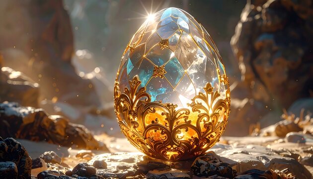 A magnificent, golden-detailed egg, shimmering with light and vibrant color, rests upon a rocky shoreline.