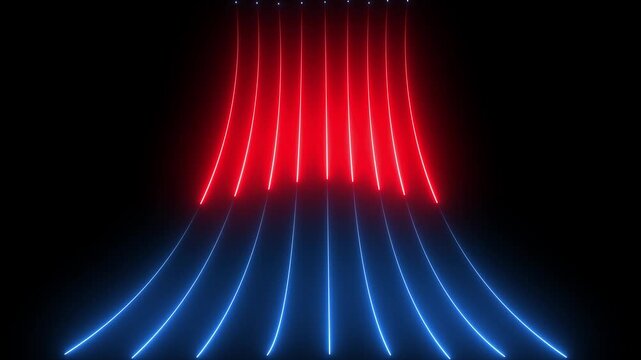 Bright neon red and blue curve lines moving on black background. Seamless looping animation, Animation, Abstract Black Background With red and blue Neon Lines Go Down And Disappear.  4k animation.