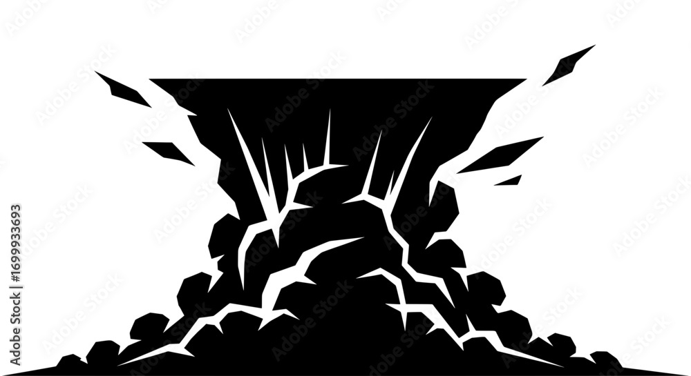 Poster a dynamic black and white vector illustration of a powerful ground impact. the earth shatters and cr