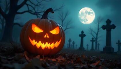 Naklejka premium Spooky glowing jack-o'-lantern illuminates a misty graveyard under a full moon, perfect for Halloween celebrations