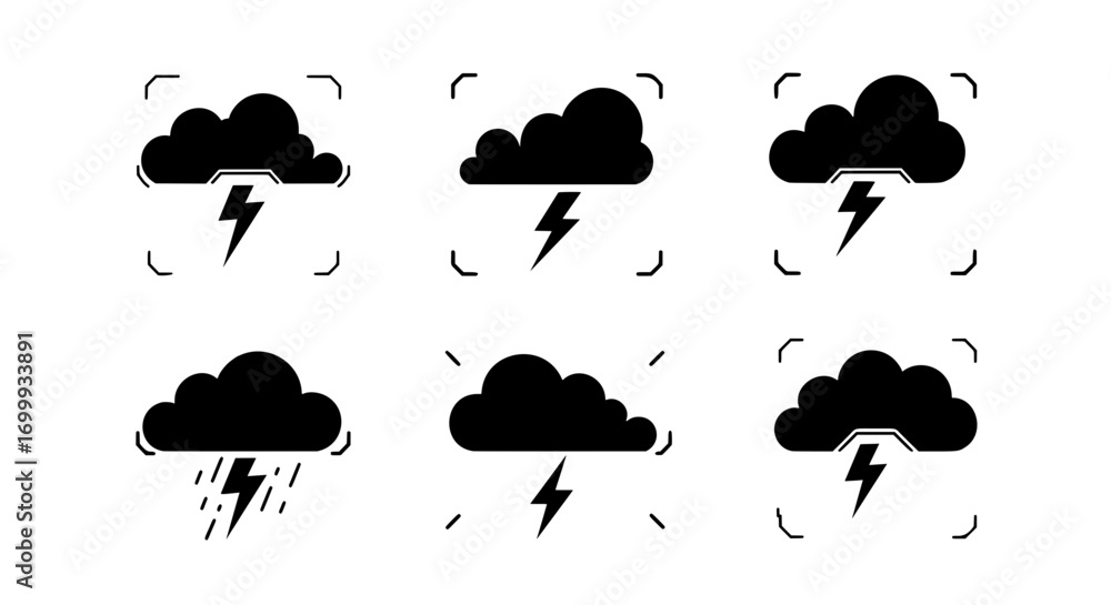 Poster a collection of black vector thunderstorm icons. features clouds, lightning, and rain in modern, fut