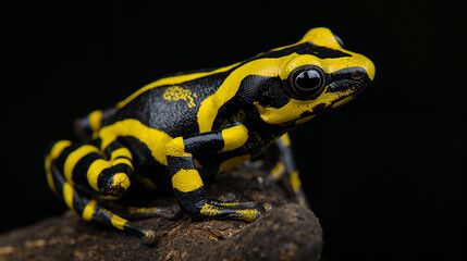 Fototapeta premium Yellow striped amphibian on dark background frog black
