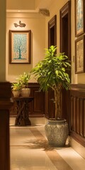 Elegant hallway with potted plants