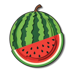 A vibrant watermelon illustration with a slice cut out, showcasing the juicy red flesh and seeds