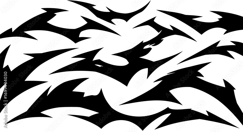 Poster abstract black and white pattern with a chaotic swarm of sharp, gothic bat-like shapes. ideal vector