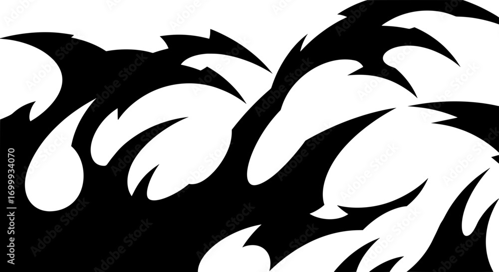 Poster an aggressive black and white abstract background featuring spiky, thorny flame-like shapes with a s