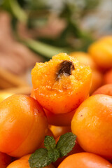 Fresh Ripe Apricots Cut in Half Showing Juicy Orange Flesh and Pit with Mint Garnish