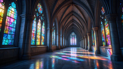 Stunning gothic cathedral interior illuminated by colorful stained glass windows casting vibrant light patterns