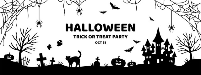 Happy Halloween poster, black cemetery silhouette with witch castle, cat, spider web, pumpkin. Party invite background. Vector illustration. Place for text. Helloween old cobweb decoration banner