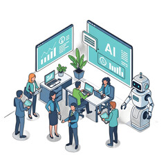 A stylized illustration of a modern office with people working alongside an AI robot.