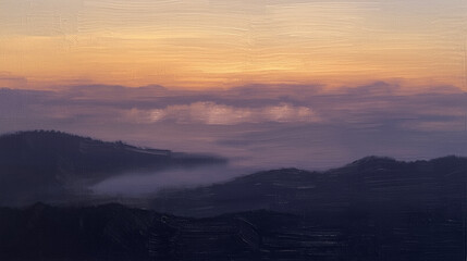 A textured oil painting portraying the quiet of dusk as soft golden light fades into deep purples across layered clouds. Broad strokes emphasize depth on distant hills while subtle