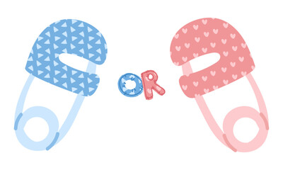 Banner for a gender party. Pink and blue swaddling pins on white. Closed. Flat color illustration of items related to a boy or a girl. Determining the gender of a child. Clothing