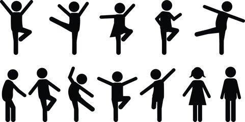 Stick figure silhouettes in dynamic dance poses, black pictogram characters expressing joyful movement, minimalist people icon collection for design use