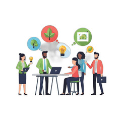 Team brainstorming sustainable solutions, collaborating around a table, generating eco-friendly ideas.