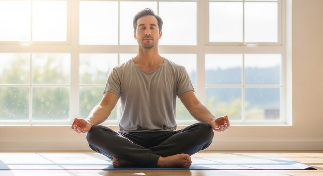 Man meditates cross-legged on a blue mat eyes closed in a bright room by a large window