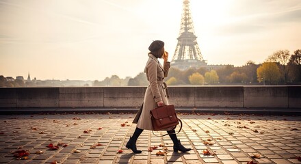 A woman in a trench coat walks along a Parisian promenade, Eiffel Tower in the background.