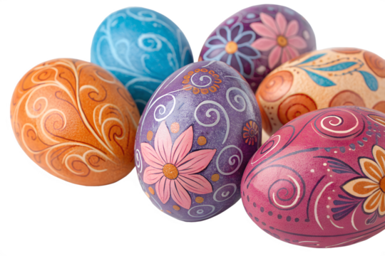 Ornate painted easter eggs isolated on white background