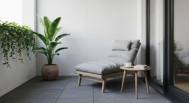 Modern balcony with grey tiles white walls a large plant a trailing plant a wooden lounge chair and a small table with a cup and books