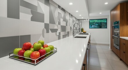 Modern kitchen with white counter sink geometric tile backsplash wooden cabinets built-in ovens and apples on a tray