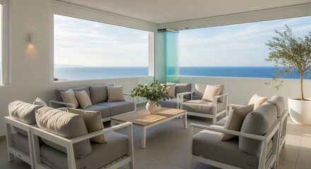 Obraz premium Modern patio with white-framed outdoor lounge furniture light wood coffee table potted plant and a clear blue ocean vista under a bright sky