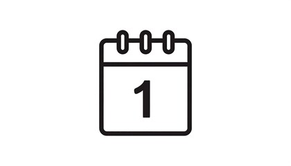 Simple, black line art icon of a calendar page displaying the number one.