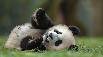 Obraz premium Cute Giant Panda Cub Playing With Bamboo Leaves On Grass, Adorable Natural Scene