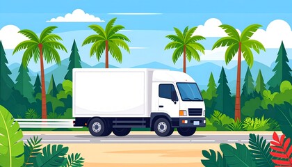 White Delivery Truck in Tropical Jungle Road | Flat Cartoon Vector Illustration

