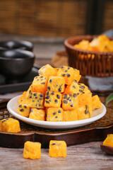 Freeze Dried Passion Fruit Chunks with Seeds for Instant Tea and Healthy Snacks on Wooden Table