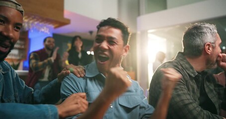 Victory, watching and people in home with bar, goal or celebration in soccer tournament. Support, sport and football fans in house with drink station, score lead and joint excitement in viewing party