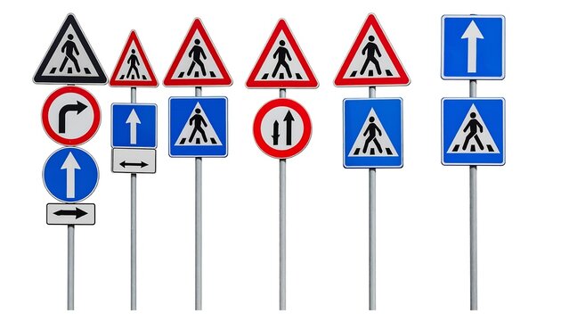 Collection of various road signs for pedestrian crossings
