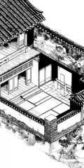 Architectural Drawing of a Traditional Asian House