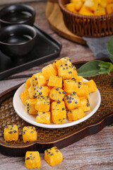 Freeze Dried Passion Fruit Chunks with Tea Set on Rustic Wooden Background