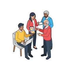 Diverse team collaborates, reviewing data on tablet and laptop, engaging in discussion and analysis.