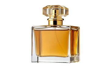 Elegant glass perfume bottle with golden liquid isolated on white background