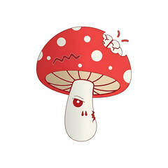 Cartoon mushroom with angry face and bite mark, isolated on white background, a spooky illustration