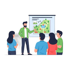 A landscape architect presents a park design to a group, showcasing features and plans.