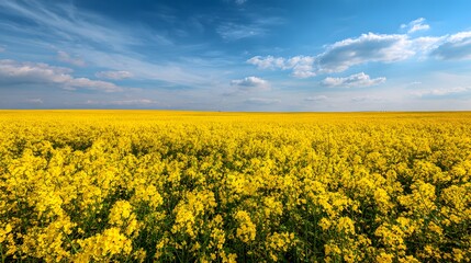 Bright rapeseed field in full bloom under a sunny blue sky, photorealistic yellow flowers landscape with vibrant spring colors.