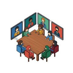 Hybrid business meeting: colleagues collaborate around a table, connected virtually with remote participants via video screens.