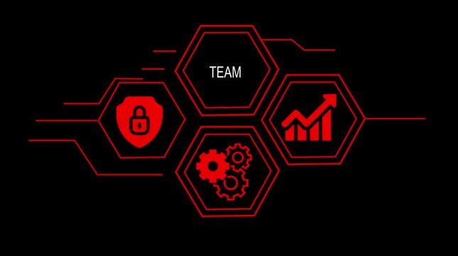 Digital security growth and efficiency concept with lock gears and rising graph on black background with red lines and hexagon shapes and T E A logo