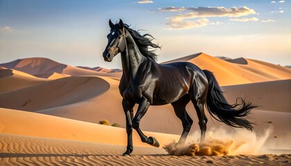 A majestic black horse gallops across a golden desert landscape, bathed in the warm light of the setting sun.