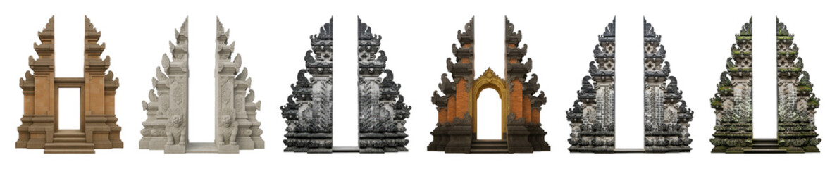 Balinese temple gate and shrine set including carved stone, brick, weathered, and ornate styles isolated. Cultural architecture and spiritual elements. © PixeloAI
