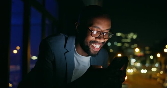 Texting, night and black man in city with phone, funny chat or meme reaction on social media at bokeh. Happy, mobile and freelancer in dark with post, online communication or message update in app