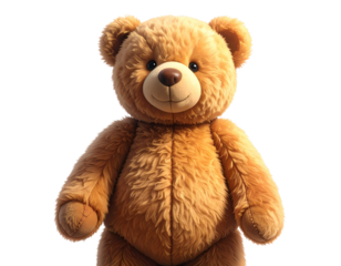 Classic Brown Teddy Bear Plush Toy Standing Pose Isolated on Transparent Background.