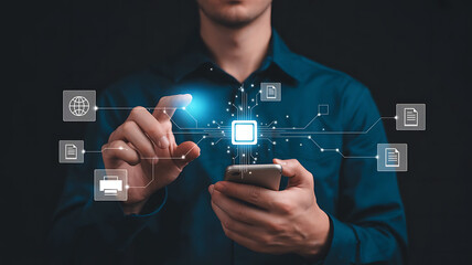 Man using smartphone interacting with digital interface displaying futuristic technology and data connections